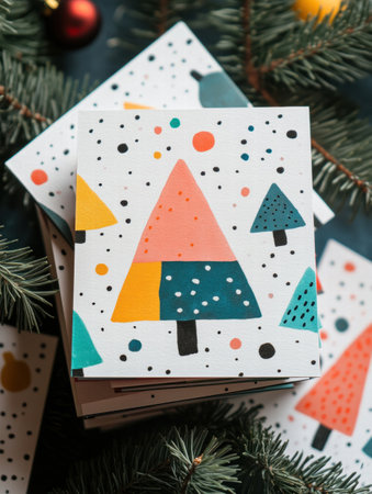 Colorful Christmas cards featuring artistic tree patterns are stacked on a table decorated with pine branches and holiday ornaments.の素材