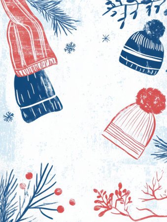 Colorful winter accessories like scarves and hats are playfully scattered among delicate snowflakes and pine branches in this festive design.の素材