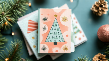 Colorful Christmas cards displayed on a teal surface surrounded by pine branches, ornaments, and twinkling lights create a festive atmosphere.の素材