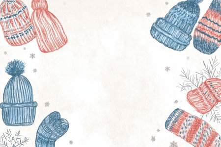 Colorful winter accessories like beanies and mittens are hand drawn around a light background, enhancing the festive atmosphere of the season.の素材