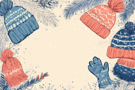 Colorful winter hats and mittens are artistically arranged amidst soft pine branches and delicate snowfall, creating a warm, seasonal atmosphere.の素材