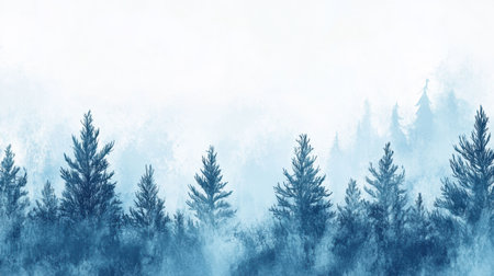 A calming winter doodle showcases a tranquil blue forest. Tall pine trees stand majestically, surrounded by a soft, snowy atmosphere.の素材