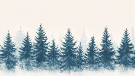 Gentle snow blankets evergreen trees in a peaceful winter landscape as twilight casts a soft glow, creating a tranquil atmosphere.の素材