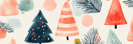 This festive card features varied Christmas tree styles with playful patterns and bright colors, ideal for the holiday season!の素材