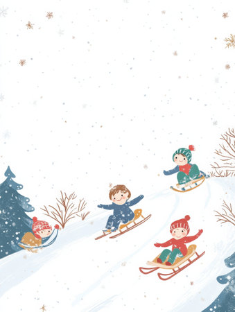 Four joyful children sled down a snowy hill, playing in a winter wonderland with gentle snowflakes falling around them.の素材
