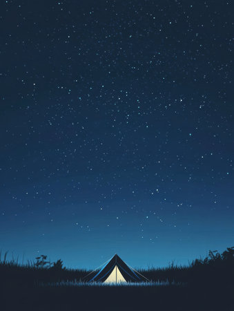 Camping enthusiasts enjoy peaceful moments inside a tent as countless stars illuminate the clear night sky above, creating a serene atmosphere.の素材