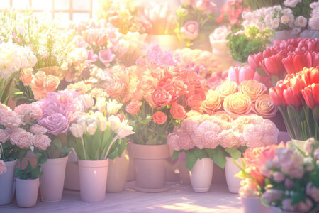 Bouquets of beautifully arranged roses tulips and daisies fill the vibrant flower shop with a delightful fragrance and color.の素材