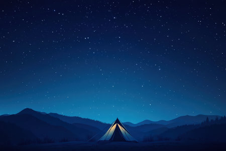 A peaceful tent sits under a breathtaking starry sky, illuminating the surrounding mountains as night falls in a tranquil outdoor setting.の素材
