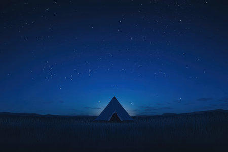 A tent is set up under a stunning starry night sky in a tranquil outdoor setting, perfect for camping and stargazing.の素材
