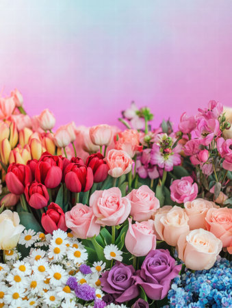 Vivid assortment of roses, tulips, and daisies arranged beautifully against a soft pastel backdrop, showcasing natures artistry.の素材