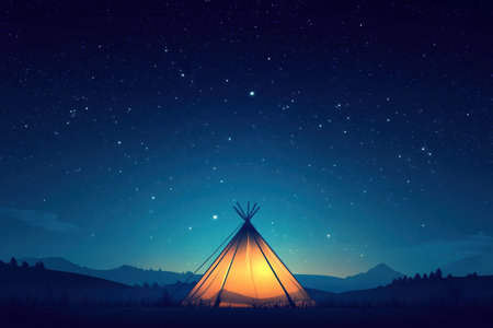 A cozy tent glows under a vast sky filled with bright stars, surrounded by tranquil hills and mountains in the evening.の素材