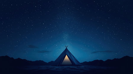A tent stands under a clear starry night with mountains in the background, creating a serene camping atmosphere in the wilderness.の素材