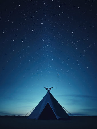 Under a vast starry night sky, a tent stands quietly, offering a perfect spot for stargazing and enjoying natures tranquility.の素材