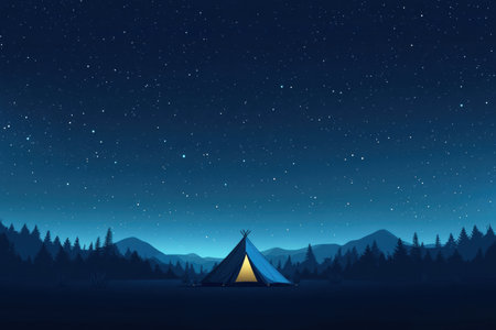 A vibrant tent glows softly beneath a clear night sky filled with stars, surrounded by serene forest and distant mountains.の素材