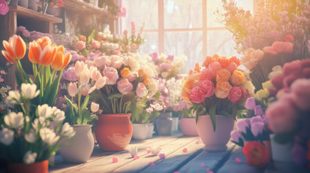 Bouquets of vibrant roses, tulips, and daisies fill a charming flower shop, bathed in soft morning light and surrounded by greenery.の素材