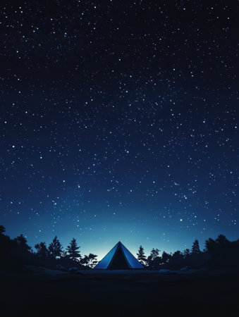 A peaceful tent sits under a breathtaking starry sky, surrounded by dark trees, providing a perfect camping experience.の素材