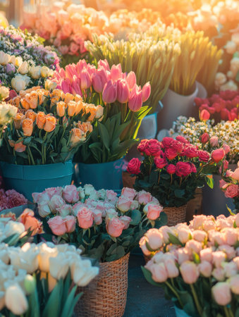 Brightly colored bouquets of roses, tulips, and daisies are artistically displayed in a vibrant flower market filled with springtime beauty.の素材