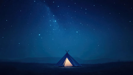 A cozy tent stands aglow beneath a stunning starry night sky, offering a peaceful retreat in the outdoors.の素材