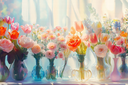 Vibrant bouquets of roses, tulips, and daisies are displayed in glass vases, enhancing the warm atmosphere of a sunny room.の素材