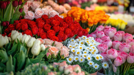 Bouquets of roses tulips and daisies create a vivid floral arrangement in a bustling market during the spring season attracting visitors.の素材