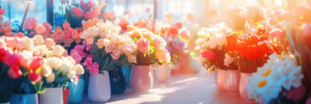Brightly colored bouquets of roses, tulips, and daisies fill the vibrant flower market, illuminated by warm morning light.の素材