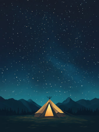 A warm glow emanates from a cozy tent surrounded by majestic mountains, all beneath a stunning expanse of stars at night.の素材