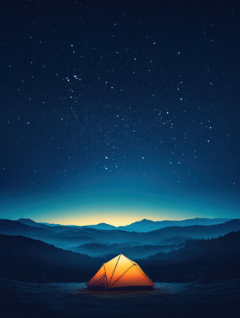 A glowing tent sits calmly on a mountain landscape under a vast sky filled with bright stars, creating a serene camping atmosphere.の素材