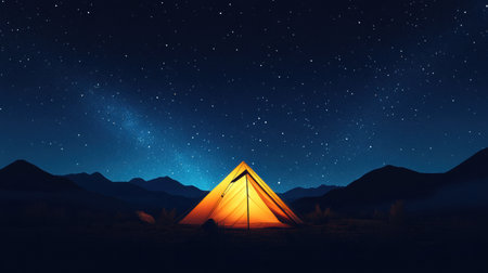 A bright orange tent is pitched under a dazzling starry night sky, surrounded by quiet mountains and the serenity of nature.の素材