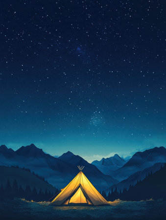 A brightly lit tent stands in the wilderness, illuminated against a backdrop of a stunning starry sky with distant mountains.の素材