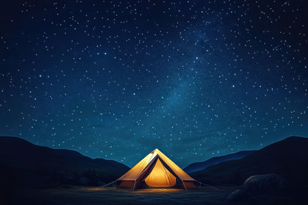 A cozy tent glows warmly beneath a vast expanse of stars, set against distant mountains in a serene natural landscape.の素材