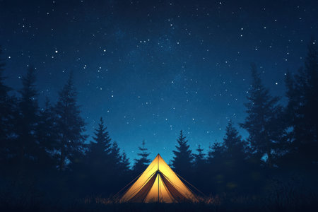 A brightly lit tent sits in a serene forest beneath a vast starry sky, creating a perfect camping atmosphere at night.の素材