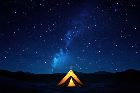 A tent emits a warm glow while standing under a vast starry sky, creating a peaceful camping atmosphere in nature at night.の素材