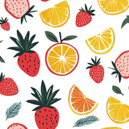Colorful depiction of tropical fruits showcasing strawberries, oranges, and lemons spread across a bright background, celebrating tropical themes.の素材