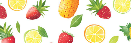 Tropical fruits like strawberries, pineapples, and lemons form a lively pattern that brings a fresh and cheerful touch to various styles.の素材