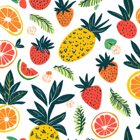 Vibrant tropical fruits like pineapples and strawberries form a lively pattern on white, creating a warm, inviting feel.の素材