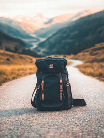 A backpack sits alone on a winding road, surrounded by lush mountains and a valley at sunset, inviting adventure and exploration.の素材