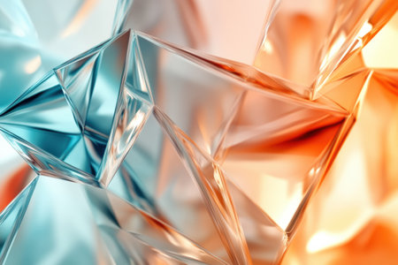 Colorful abstract shapes in blue and orange intertwine, creating a captivating composition with sharp angles and reflective surfaces.の素材