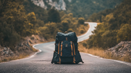 A travelers backpack sits on an empty road as it means through lush hills under a serene evening sky, inviting adventure.の素材
