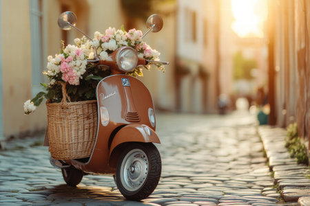 A vintage scooter sits idly on a cobblestone street while a basket brimming with fresh flowers enhances the charming atmosphere at sunset.の素材