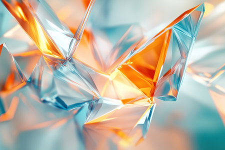 Complex crystalline shapes emerge in this vibrant 3D artwork, reflecting light in shades of orange and blue, creating a dynamic visual effect.の素材