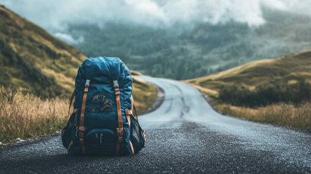 A travelers backpack sits alone on a winding road, framed by verdant hills under a cloudy sky, suggesting adventure and exploration.の素材