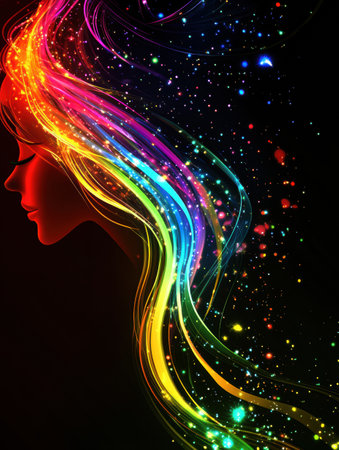 Dynamic and vivid light streaks illustrate a captivating profile, merging colors that evoke a sense of creativity and imagination.の素材
