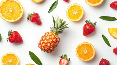 A vibrant display of tropical fruits showcases fresh pineapple, juicy oranges, and ripe strawberries scattered on a light surface.の素材