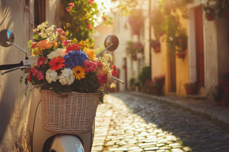A vintage scooter sits in a charming alley at golden hour, its basket brimming with colorful flowers, adding a playful touch.の素材
