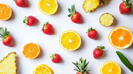 Colorful assortment of tropical fruits including strawberries, oranges, and pineapple creates a lively and inviting display ideal for summer.の素材
