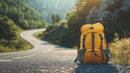 A bright yellow travelers backpack sits on a winding road with scenic mountains in the background illuminated by golden hour light.の素材
