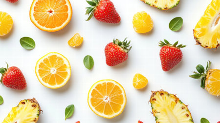 Brightly colored tropical fruits like oranges, strawberries, and pineapples create a visually appealing display on a smooth white background.の素材