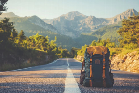 A backpack stands alone on a quiet road with majestic mountains in the background, illuminated by the warm light of the setting sun.の素材