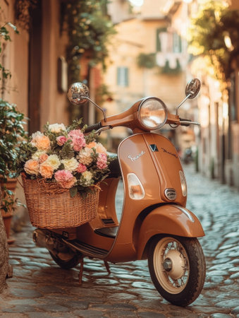 A vintage scooter with a basket of fresh flowers stands on a charming cobblestone street in a village at sunset.の素材