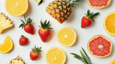 A variety of tropical fruits are beautifully arranged, displaying their vibrant colors and unique shapes on a bright surface.の素材